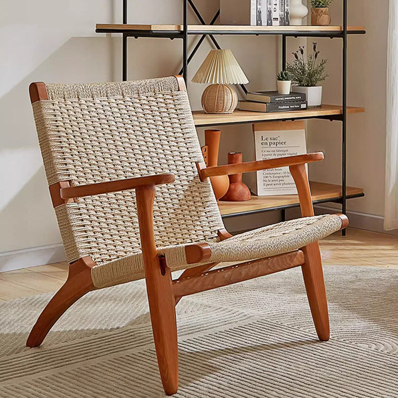 Traditional Japanese Square Ash Wood Kraft Paper Rope Dining Chair Backrest Armrest For Dining Room