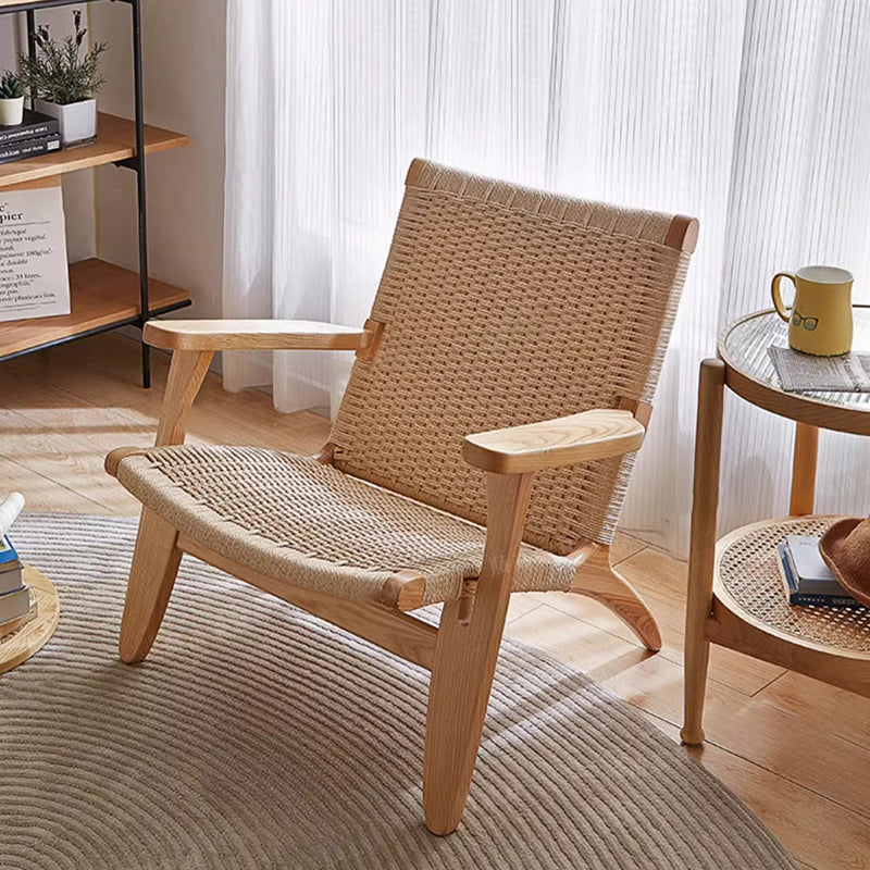 Traditional Japanese Square Ash Wood Kraft Paper Rope Dining Chair Backrest Armrest For Dining Room
