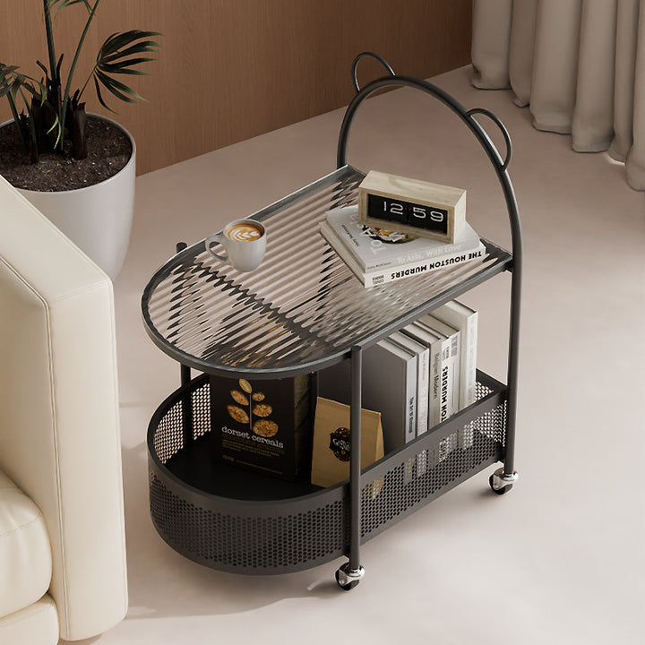Modern Creative Oval Glass Iron Side Table 1-Storage For Living Room