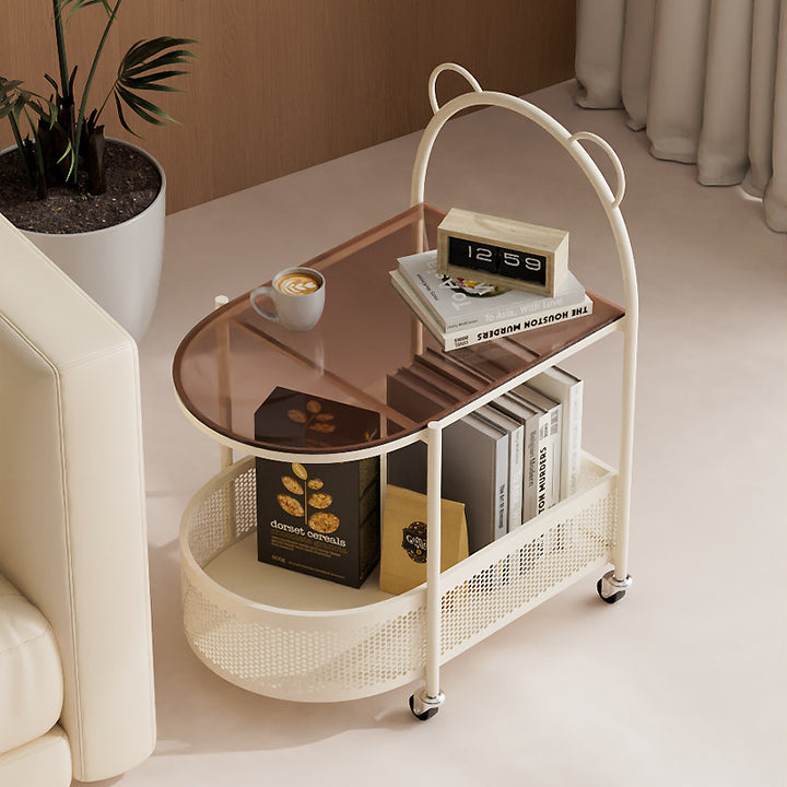 Modern Creative Oval Glass Iron Side Table 1-Storage For Living Room