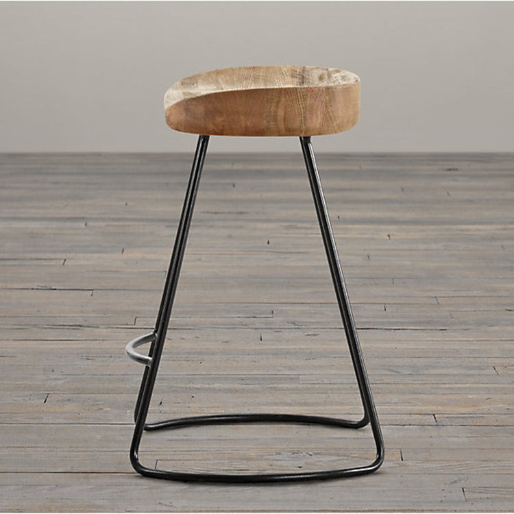 Traditional Retro Square Solid Wood Metal Bar Stool Footrest For Dining Room