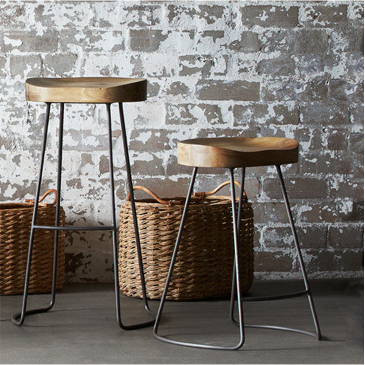 Traditional Retro Square Solid Wood Metal Bar Stool Footrest For Dining Room