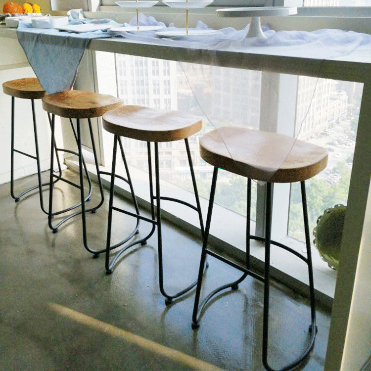 Traditional Retro Square Solid Wood Metal Bar Stool Footrest For Dining Room