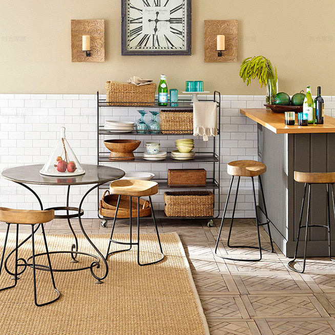 Traditional Retro Square Solid Wood Metal Bar Stool Footrest For Dining Room