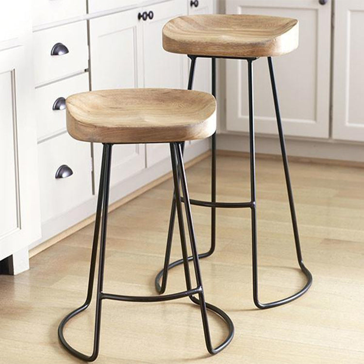Traditional Retro Square Solid Wood Metal Bar Stool Footrest For Dining Room