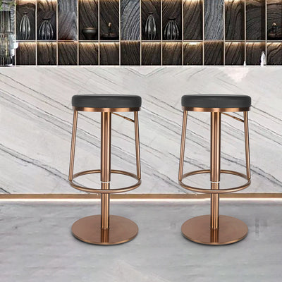 Taburete de bar moderno de lujo con cojín redondo de cuero y reposapiés de acero inoxidable para cocina 