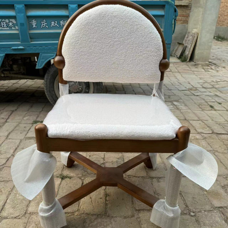 Traditioneller Vintage-Schminkhocker mit halbrunder Rückenlehne aus Massivholz &amp; Sperrholz mit Sherpa-Stoffbezug fürs Schlafzimmer 