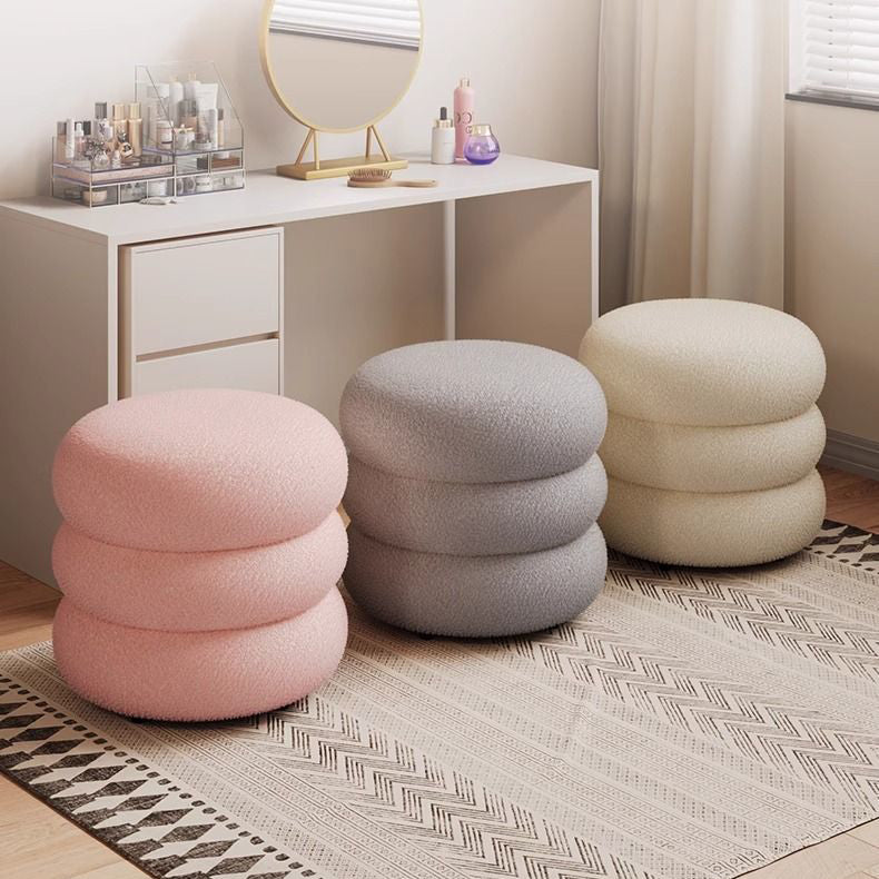 Modern Minimalist Cylinder Frame Lambswool Solid Wood Vanity Stool For Bedroom