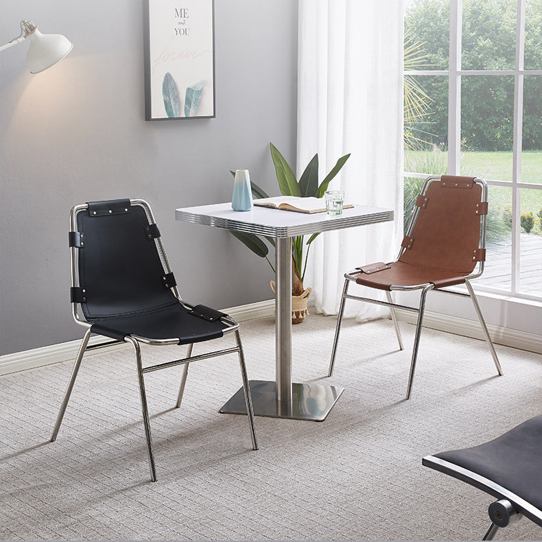 Modern Mid-Century Trapezoid Back Leather Stainless Steel Dining Chair Backrest For Dining Room