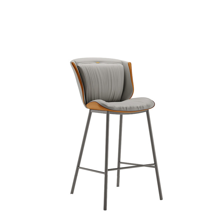 Taburete de bar moderno de lujo con cojín trapezoidal, cuero sintético, acero al carbono y respaldo para comedor 