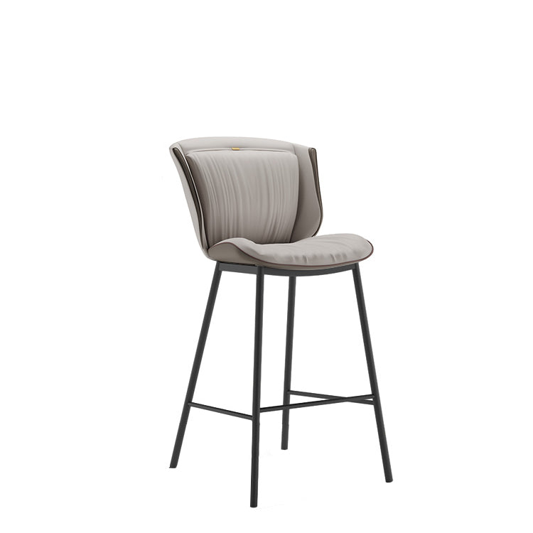 Taburete de bar moderno de lujo con cojín trapezoidal, cuero sintético, acero al carbono y respaldo para comedor 