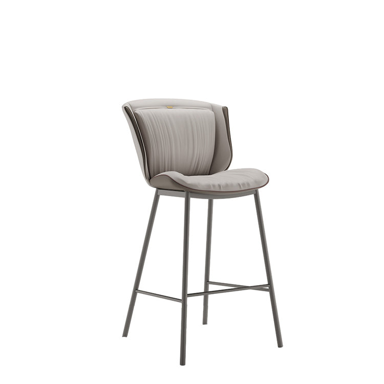 Taburete de bar moderno de lujo con cojín trapezoidal, cuero sintético, acero al carbono y respaldo para comedor 