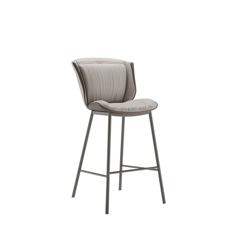 Taburete de bar moderno de lujo con cojín trapezoidal, cuero sintético, acero al carbono y respaldo para comedor 