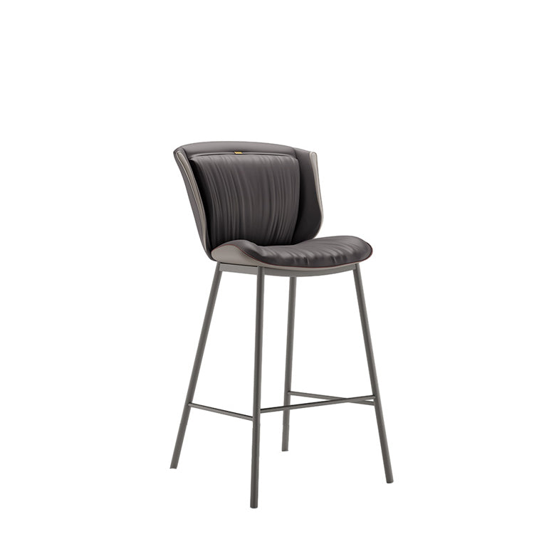 Taburete de bar moderno de lujo con cojín trapezoidal, cuero sintético, acero al carbono y respaldo para comedor 