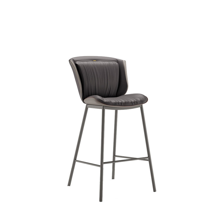 Taburete de bar moderno de lujo con cojín trapezoidal, cuero sintético, acero al carbono y respaldo para comedor 