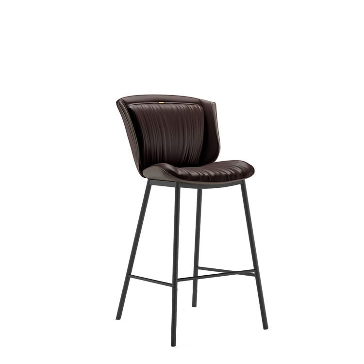 Taburete de bar moderno de lujo con cojín trapezoidal, cuero sintético, acero al carbono y respaldo para comedor 