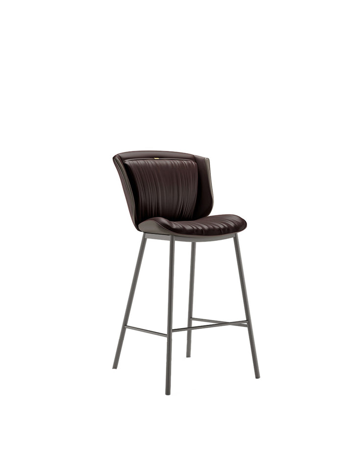 Taburete de bar moderno de lujo con cojín trapezoidal, cuero sintético, acero al carbono y respaldo para comedor 