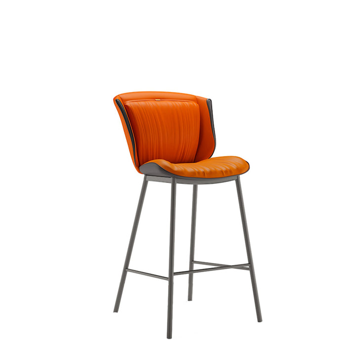 Taburete de bar moderno de lujo con cojín trapezoidal, cuero sintético, acero al carbono y respaldo para comedor 