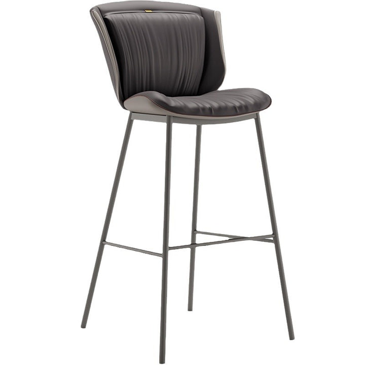 Taburete de bar moderno de lujo con cojín trapezoidal, cuero sintético, acero al carbono y respaldo para comedor 