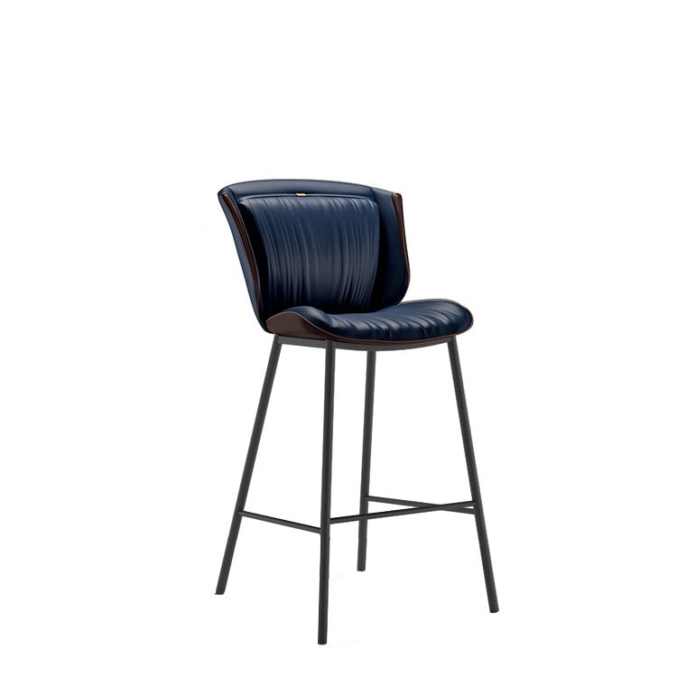 Taburete de bar moderno de lujo con cojín trapezoidal, cuero sintético, acero al carbono y respaldo para comedor 