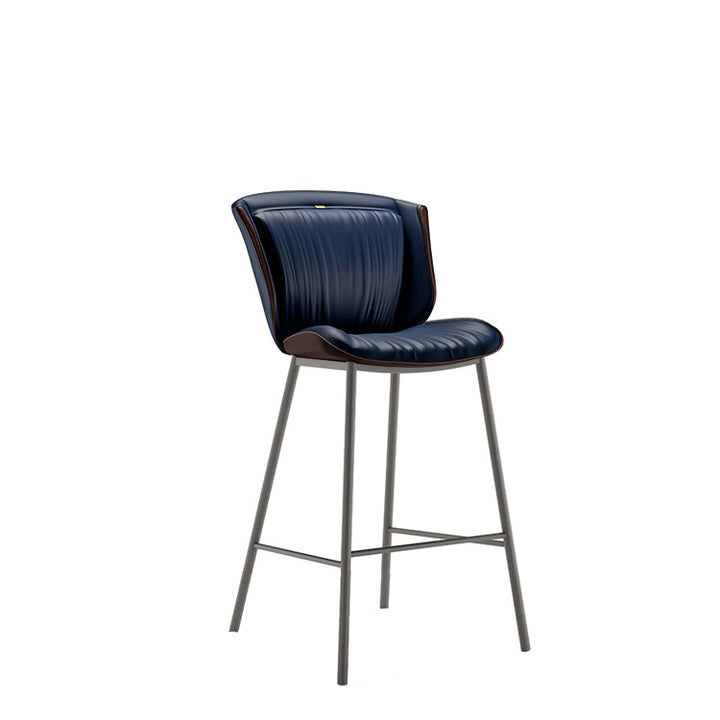 Taburete de bar moderno de lujo con cojín trapezoidal, cuero sintético, acero al carbono y respaldo para comedor 