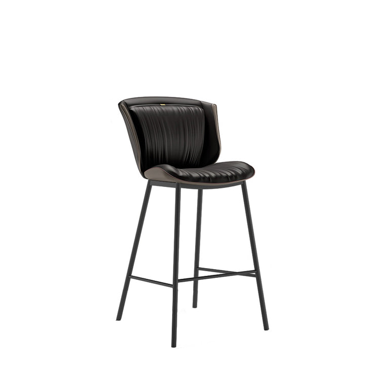 Taburete de bar moderno de lujo con cojín trapezoidal, cuero sintético, acero al carbono y respaldo para comedor 
