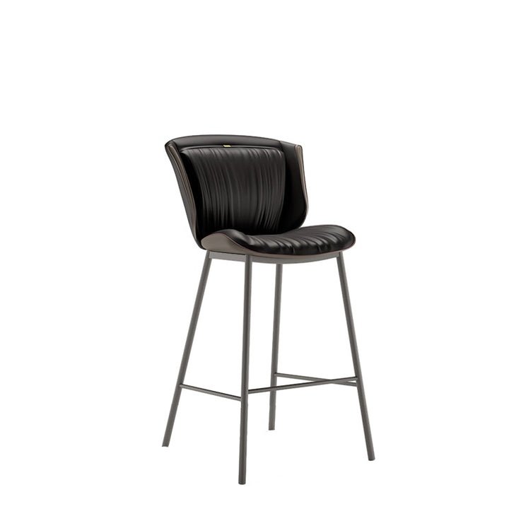 Taburete de bar moderno de lujo con cojín trapezoidal, cuero sintético, acero al carbono y respaldo para comedor 