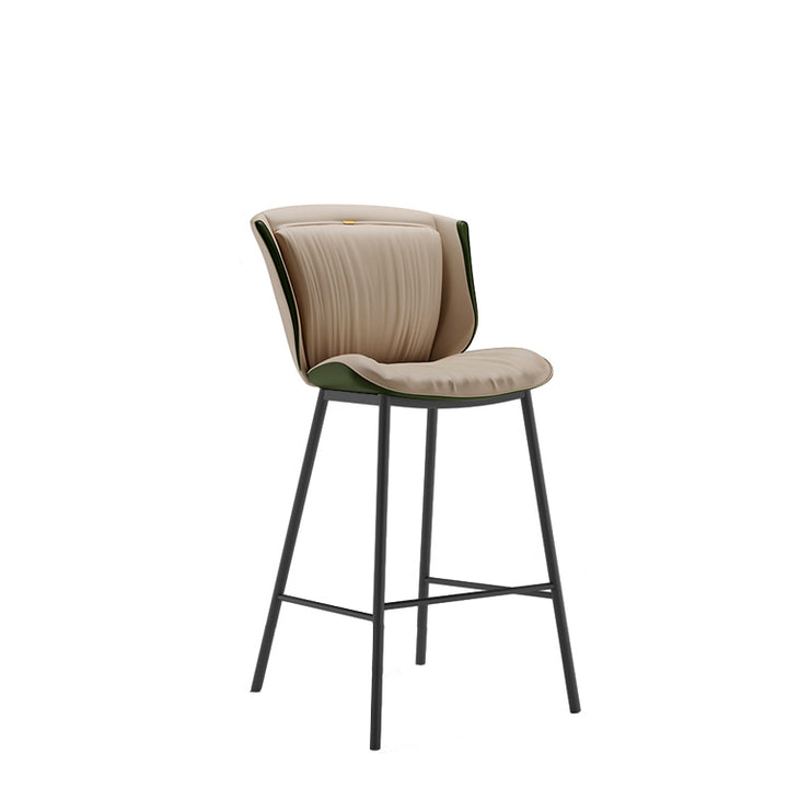 Taburete de bar moderno de lujo con cojín trapezoidal, cuero sintético, acero al carbono y respaldo para comedor 