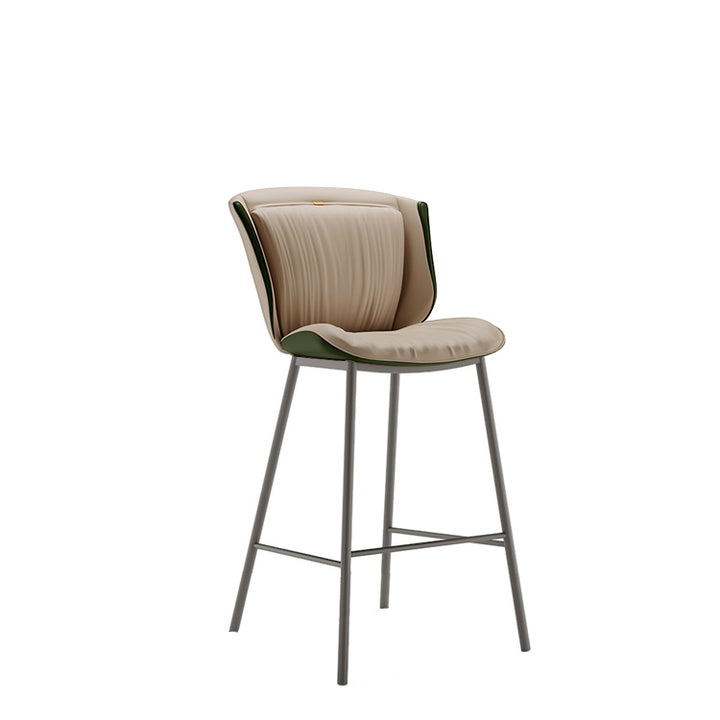 Taburete de bar moderno de lujo con cojín trapezoidal, cuero sintético, acero al carbono y respaldo para comedor 