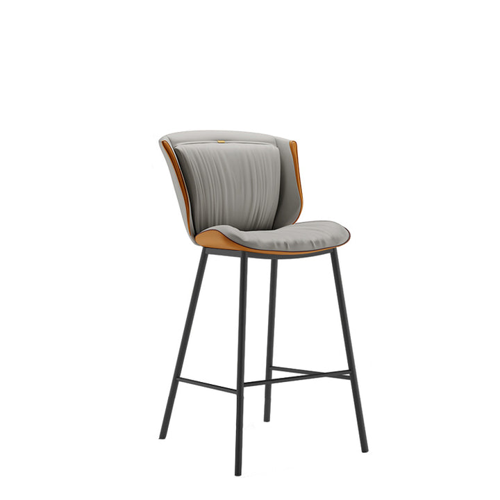 Taburete de bar moderno de lujo con cojín trapezoidal, cuero sintético, acero al carbono y respaldo para comedor 