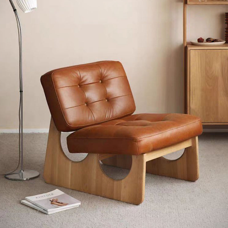 Contemporary Retro Rectangular Cushion Leather Solid Wood Accent Chair Backrest For Living Room