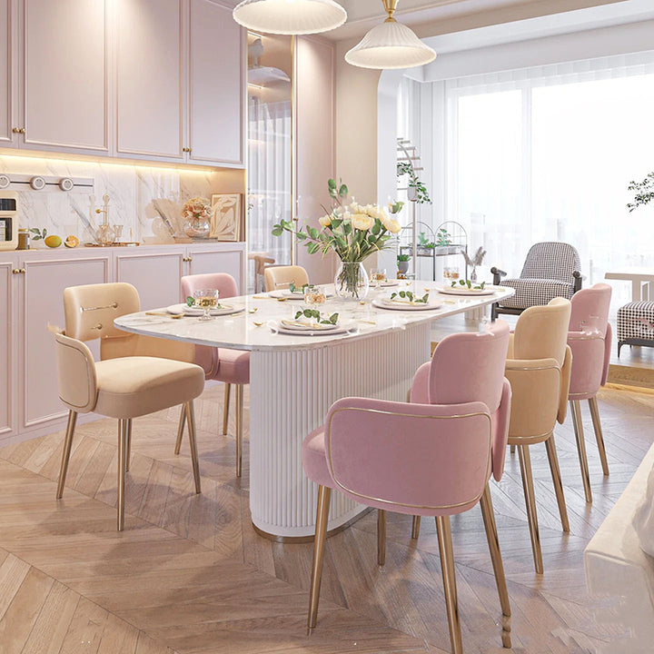 Moderner halbkreisförmiger Esszimmerstuhl im Mid-Century-Stil mit Kissen, Samt, Schwamm und Edelstahl, mit Rückenlehne und Armlehnen, für das Esszimmer 
