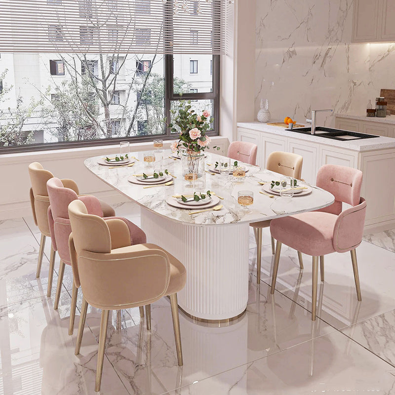 Moderner halbkreisförmiger Esszimmerstuhl im Mid-Century-Stil mit Kissen, Samt, Schwamm und Edelstahl, mit Rückenlehne und Armlehnen, für das Esszimmer 