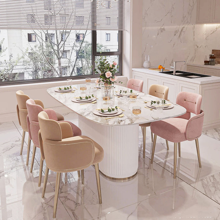 Moderner halbkreisförmiger Esszimmerstuhl im Mid-Century-Stil mit Kissen, Samt, Schwamm und Edelstahl, mit Rückenlehne und Armlehnen, für das Esszimmer 