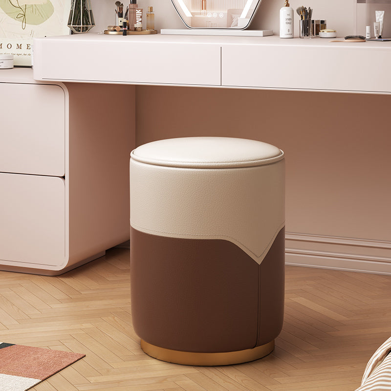 Modern Luxury Cylinder Leather Solid Wood Metal Vanity Stool For Bedroom