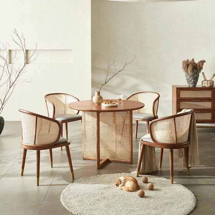 Contemporary Scandinavian Oval Back PU Leather Rattan Ash Wood High Resilience Foam Dining Chair Backrest For Dining Room