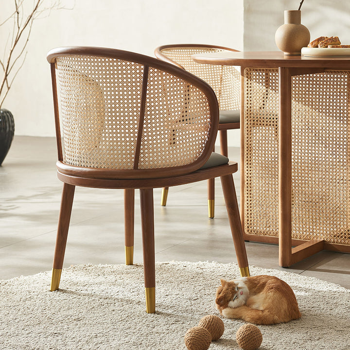 Contemporary Scandinavian Oval Back PU Leather Rattan Ash Wood High Resilience Foam Dining Chair Backrest For Dining Room