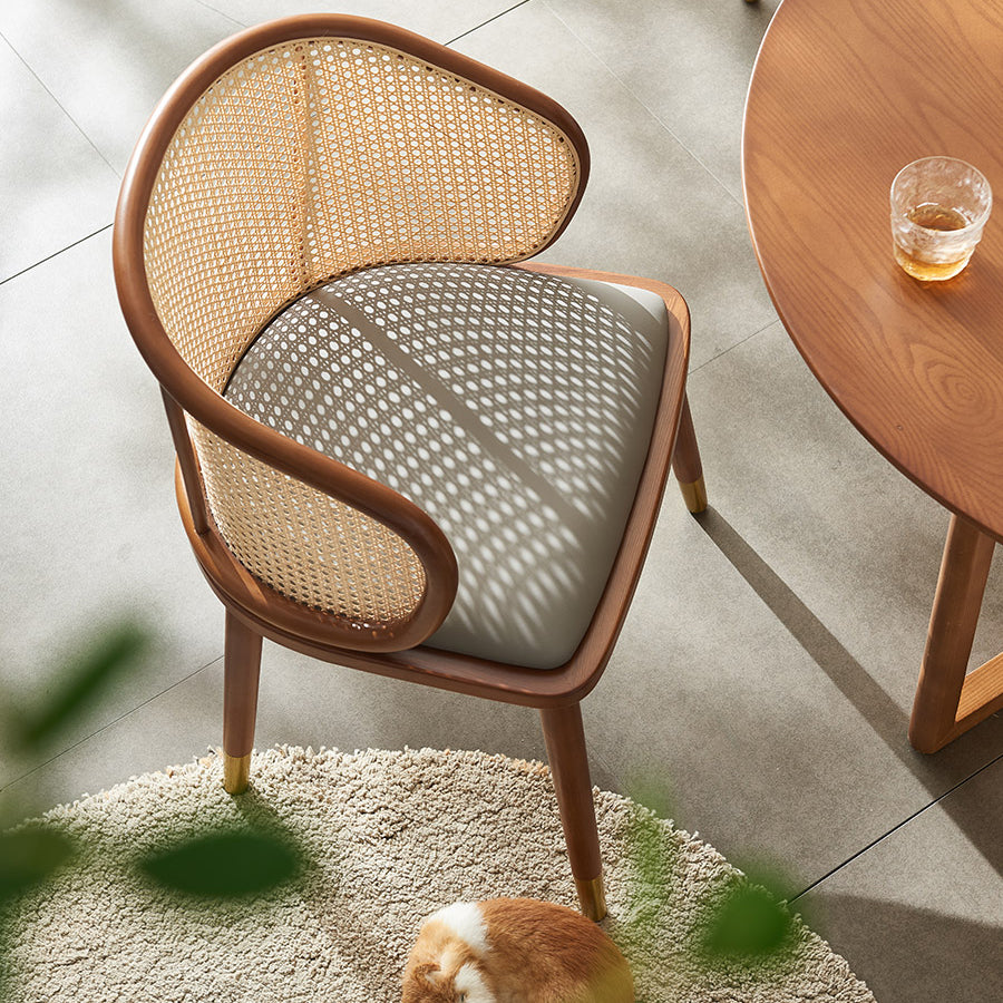 Contemporary Scandinavian Oval Back PU Leather Rattan Ash Wood High Resilience Foam Dining Chair Backrest For Dining Room