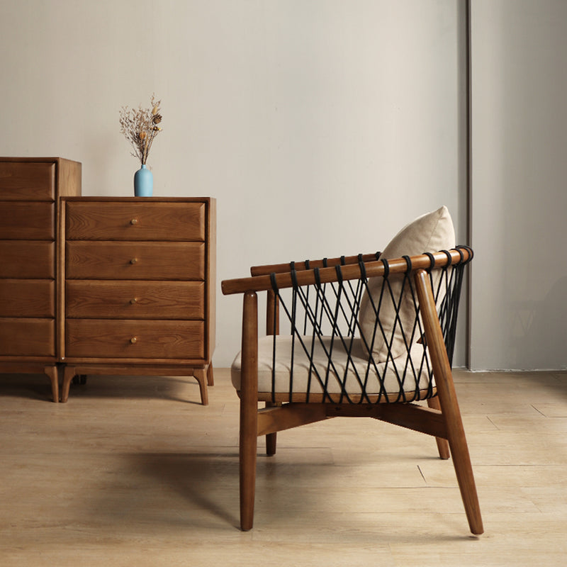 Contemporary Scandinavian Curved Back Ash Wood Accent Chair With Cotton Linen Cushion For Living Room