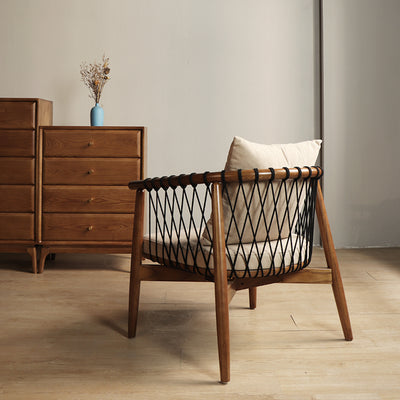 Contemporary Scandinavian Curved Back Ash Wood Accent Chair With Cotton Linen Cushion For Living Room