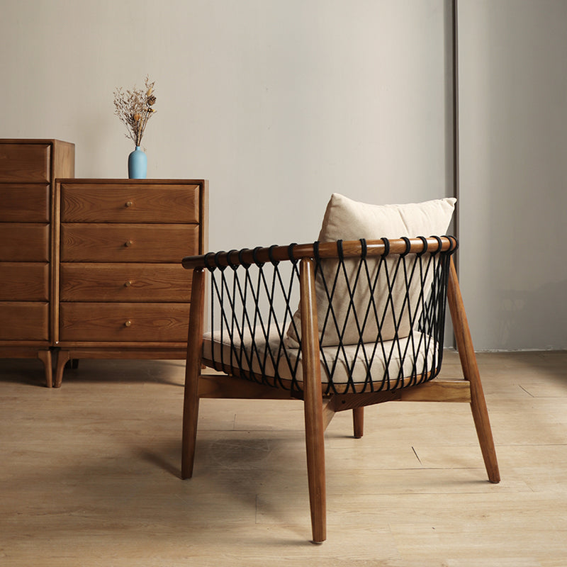 Contemporary Scandinavian Curved Back Ash Wood Accent Chair With Cotton Linen Cushion For Living Room
