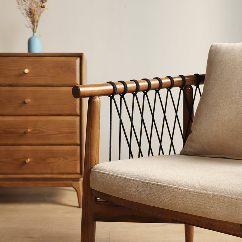 Contemporary Scandinavian Curved Back Ash Wood Accent Chair With Cotton Linen Cushion For Living Room
