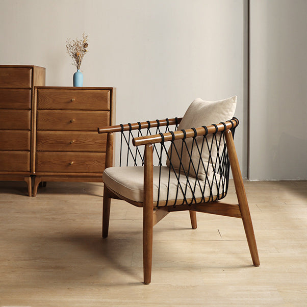 Contemporary Scandinavian Curved Back Ash Wood Accent Chair With Cotton Linen Cushion For Living Room