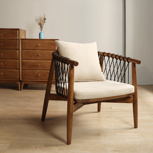 Contemporary Scandinavian Curved Back Ash Wood Accent Chair With Cotton Linen Cushion For Living Room