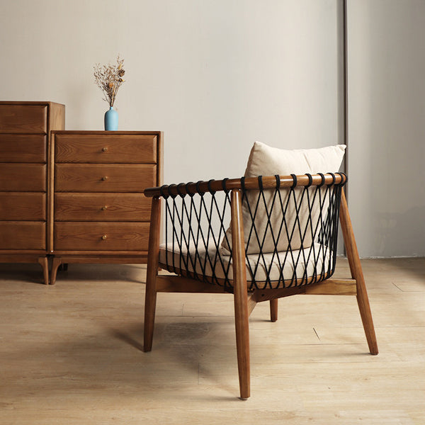 Contemporary Scandinavian Curved Back Ash Wood Accent Chair With Cotton Linen Cushion For Living Room