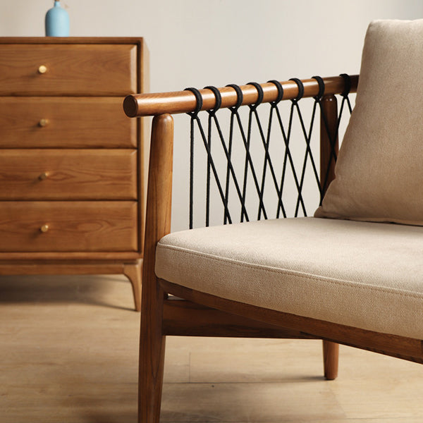 Contemporary Scandinavian Curved Back Ash Wood Accent Chair With Cotton Linen Cushion For Living Room