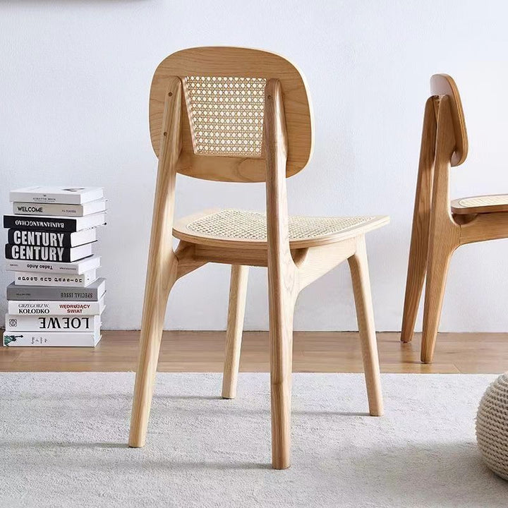 Silla de comedor rectangular minimalista moderna de caucho y ratán trenzado, sin reposabrazos, para comedor 