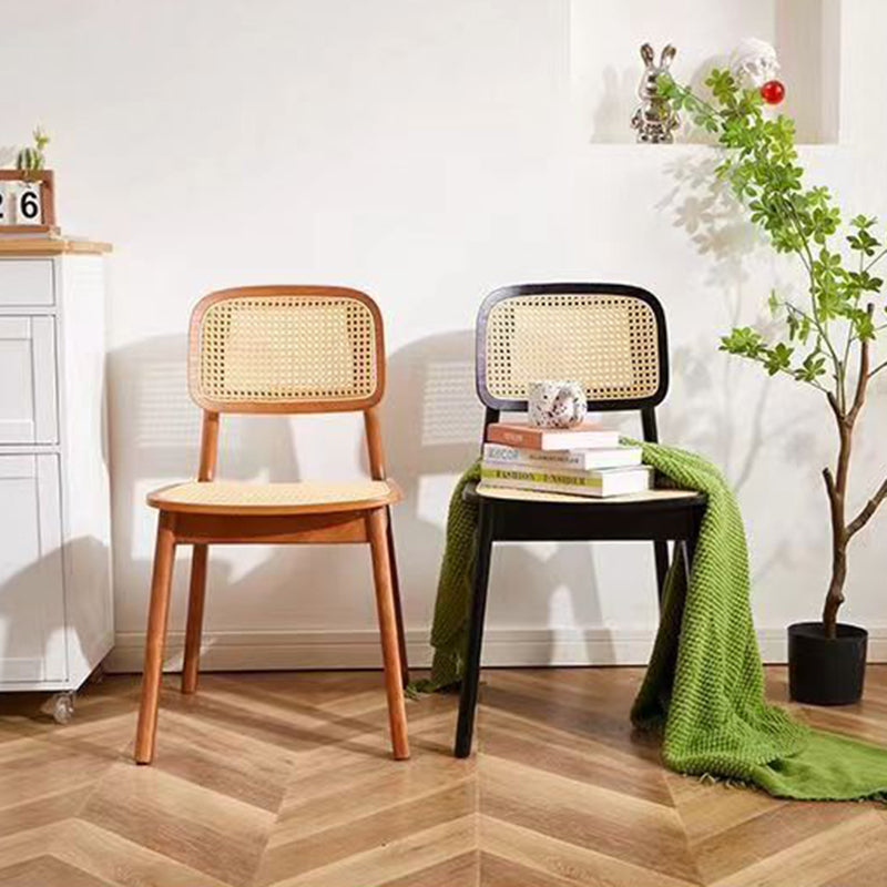 Silla de comedor rectangular minimalista moderna de caucho y ratán trenzado, sin reposabrazos, para comedor 