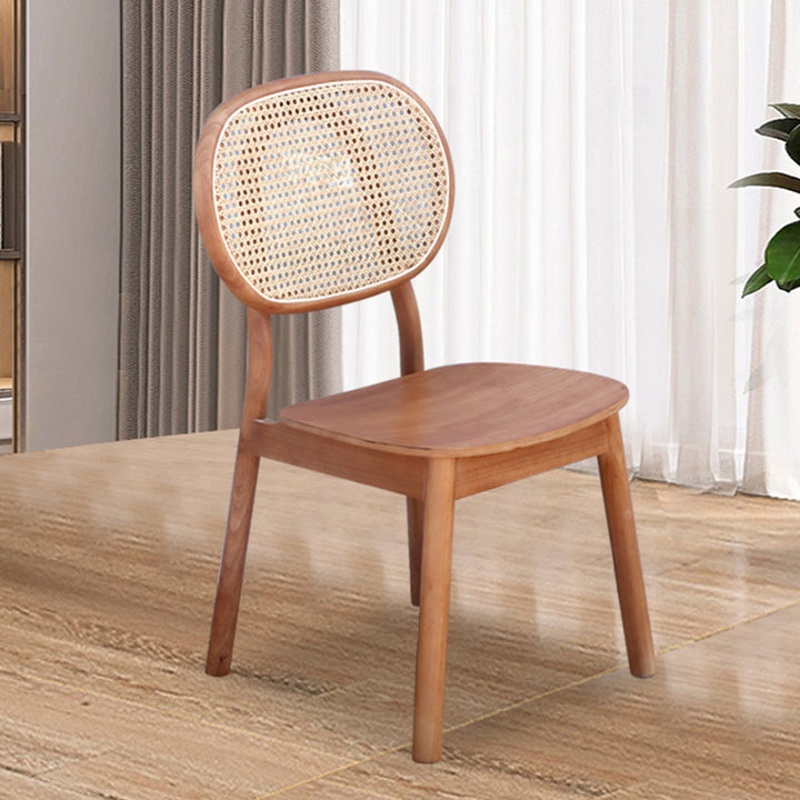 Zeitgenössischer nordischer rechteckiger Esszimmerstuhl mit Rückenlehne, aus massivem Gummibaumholz, Sperrholz und Rattan-Gewebe, ohne Armlehnen, für das Esszimmer 