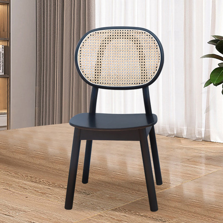 Zeitgenössischer nordischer rechteckiger Esszimmerstuhl mit Rückenlehne, aus massivem Gummibaumholz, Sperrholz und Rattan-Gewebe, ohne Armlehnen, für das Esszimmer 